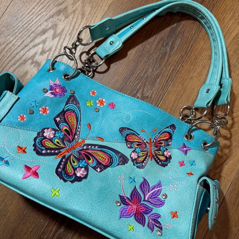 Vintage Inspired Butterfly Purse Turquoise Embroidered Butterfly Shoulder Bag